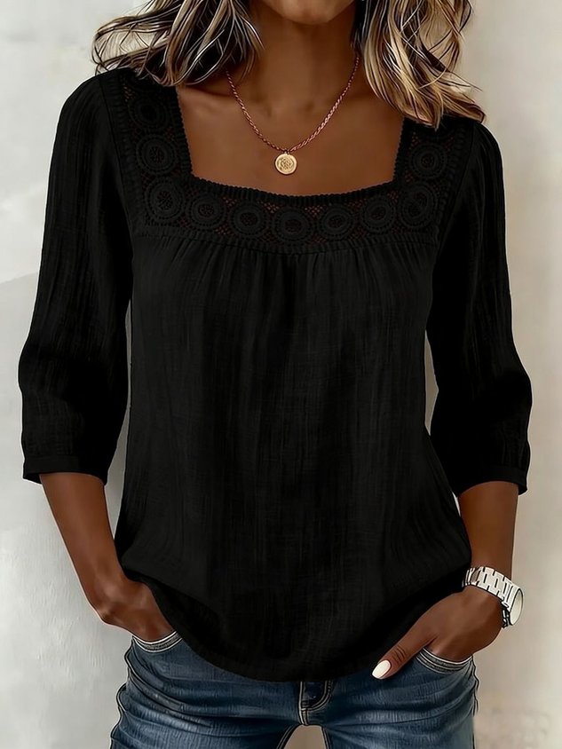 Linen Blend Square Neck Loose Elegant Blouse