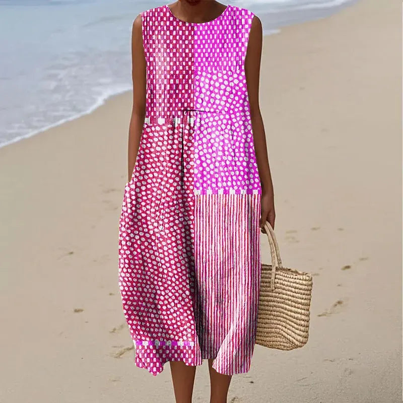 Cotton Linen Printed Midi Dress | Women's Sleeveless Beach Vacation Dress