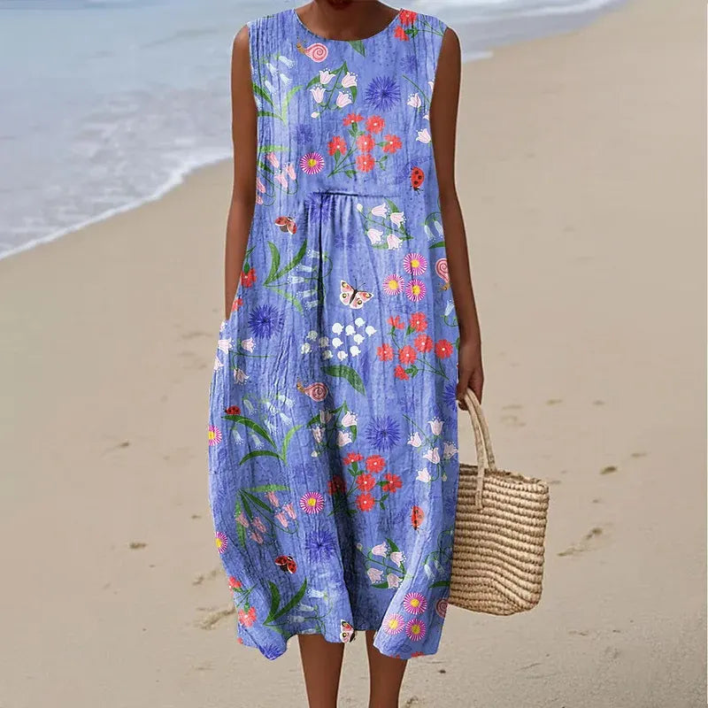 Cotton Linen Printed Midi Dress | Women's Sleeveless Beach Vacation Dress