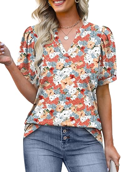 Limited time sale Women's V Neck Floral Print Vintage Shirt Fashion T-Shirt