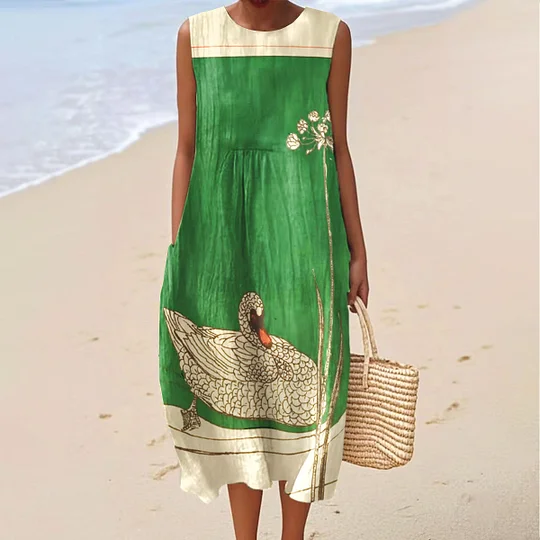 Cotton Linen Printed Midi Dress | Women's Sleeveless Beach Vacation Dress