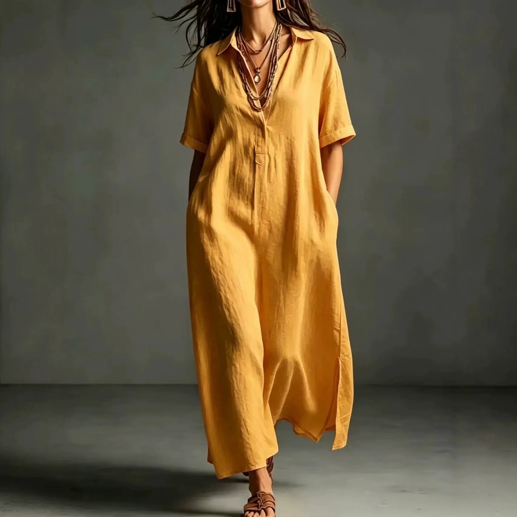 Minimalist Textured Cotton Linen Shirt Dress Ladies Half Button V Neck Pocket Summer Vacation Maxi Gown