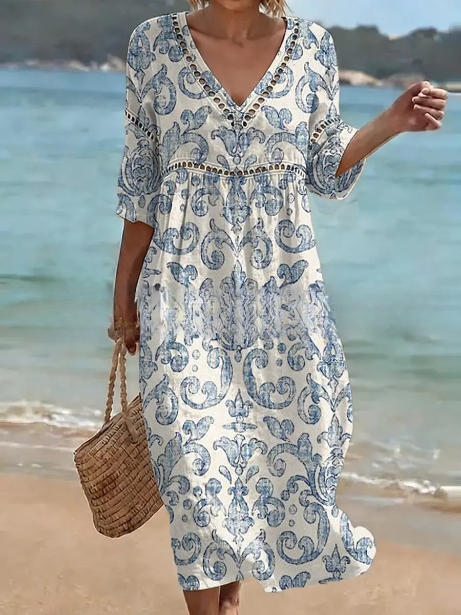 Women's V-Neck Floral & Print Midi Dress