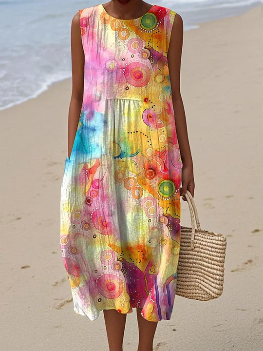 Cotton Linen Printed Midi Dress | Women's Sleeveless Beach Vacation Dress