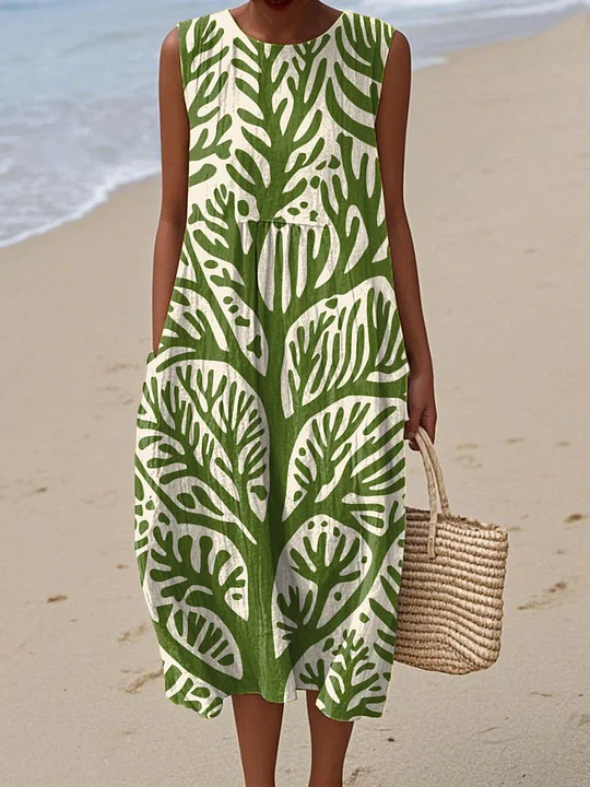 Cotton Linen Printed Midi Dress | Women's Sleeveless Beach Vacation Dress