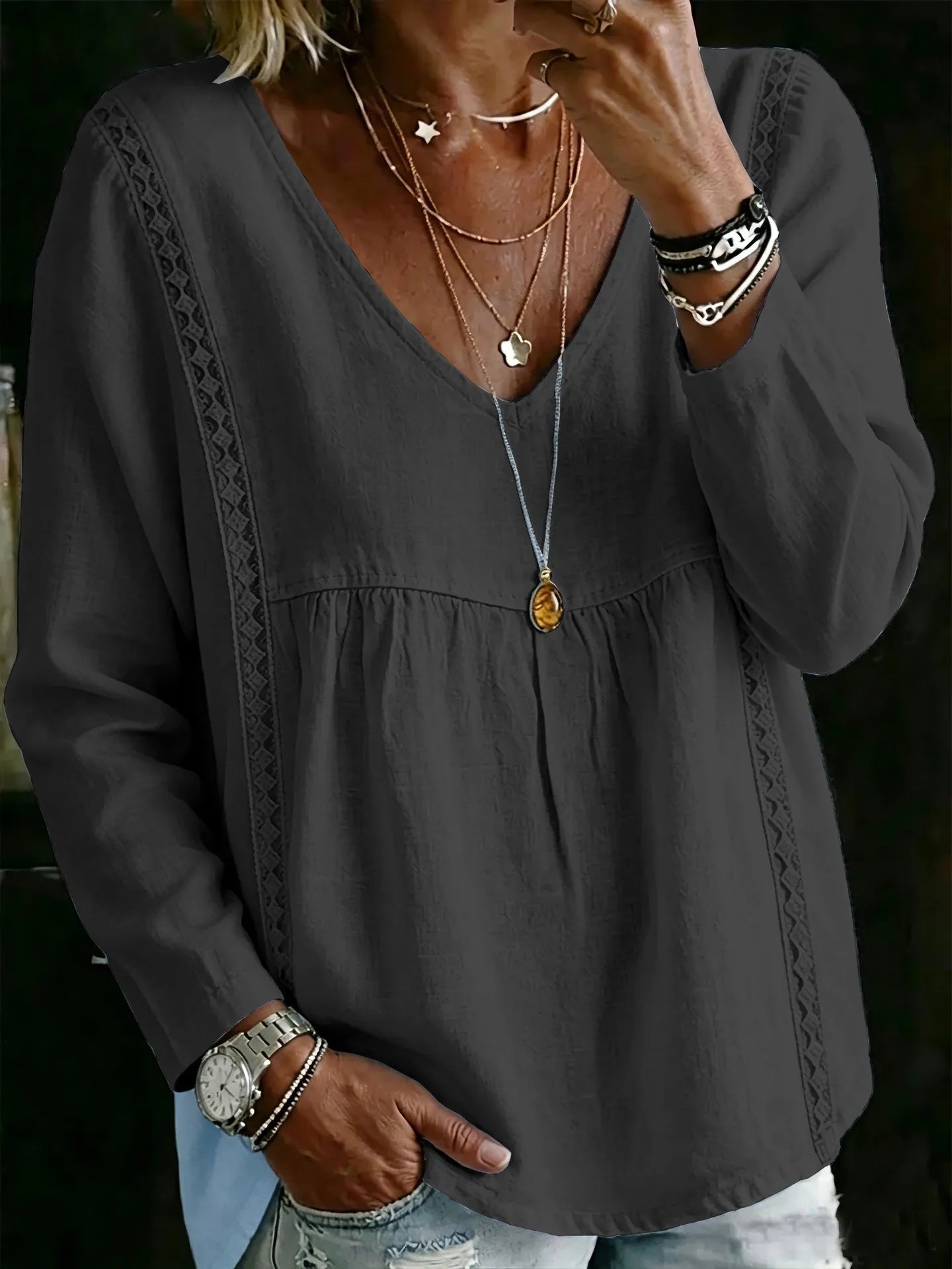 Minimalist Solid Color Crochet Edging Long Sleeve Shirt Deep V Neck Tiered Relaxed Vacation Blouse