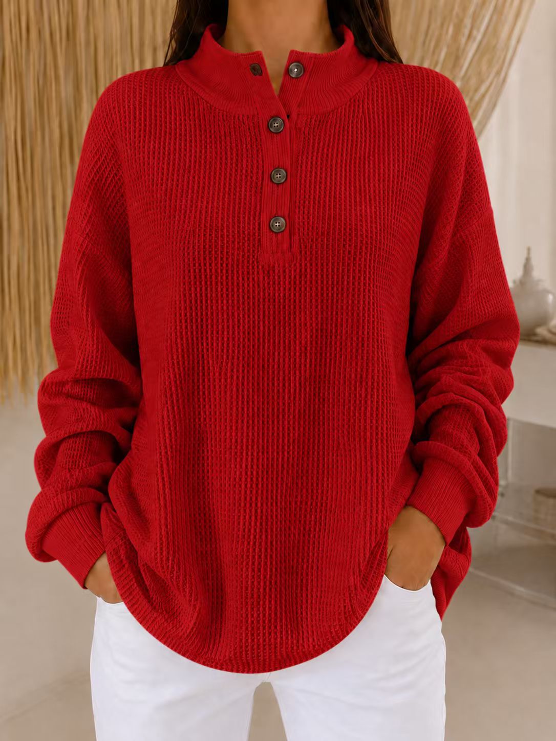 Cozy Luxe Waffle Knit Button-Down Pullover - Loose Fit Casual Long Sleeve Tops