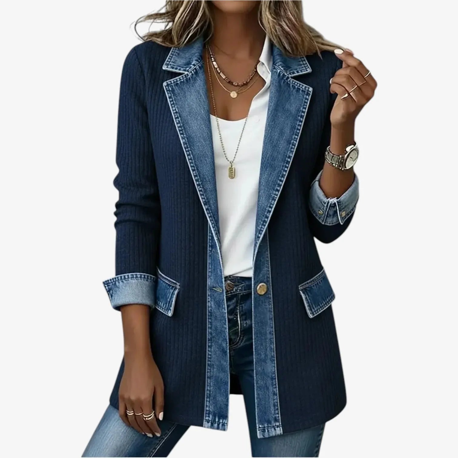 Elegant mixed-media denim and knit cardigan.