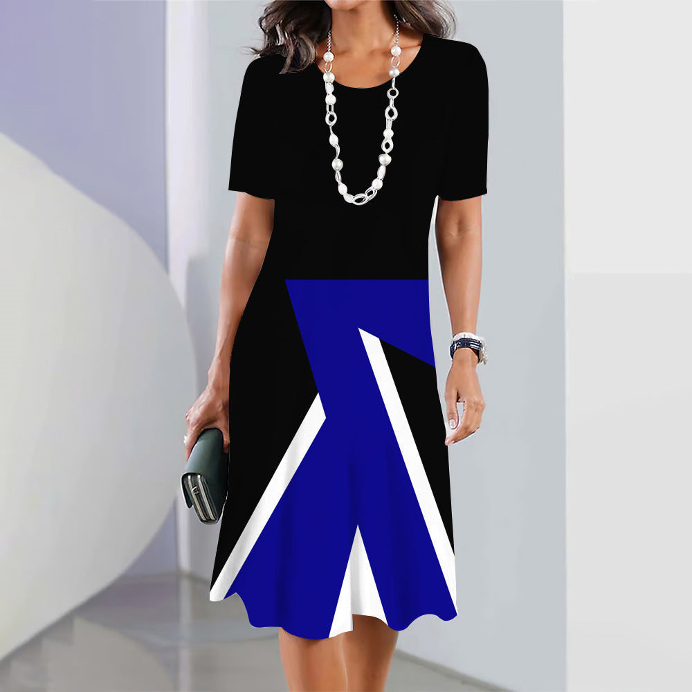 Women Geometric Color Block Short Sleeve Midi Dress