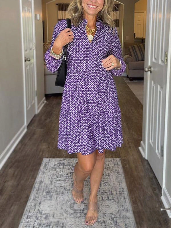 Women's V Neck Vintage Printed Dress