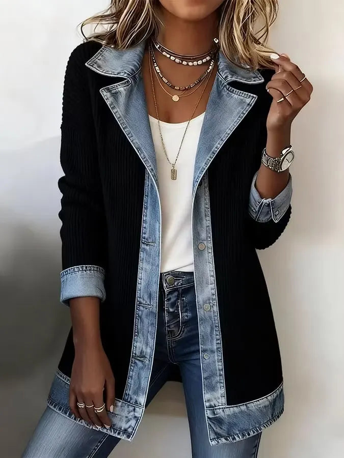 Elegant mixed-media denim and knit cardigan.