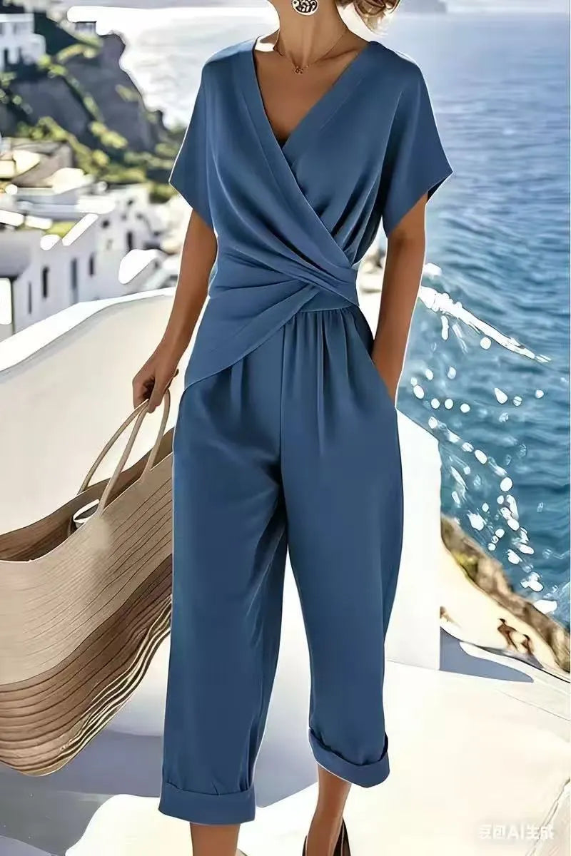Wrap V Neck Twisted Waist Pocket Jumpsuit Women