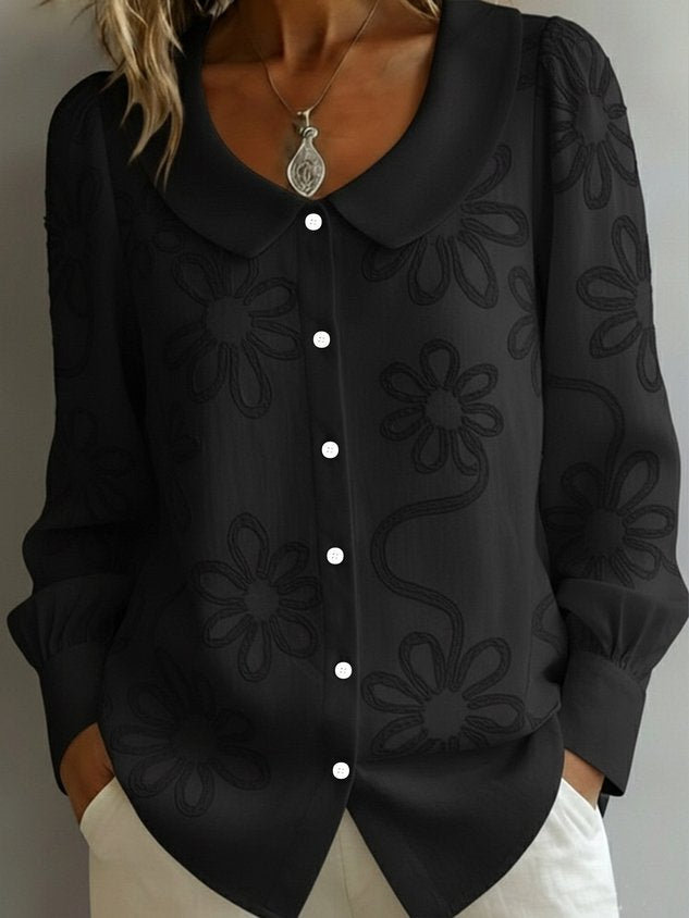 Embroidery Floral Long Sleeve Crew Neck Button Spring Loose Going Out Casual Top