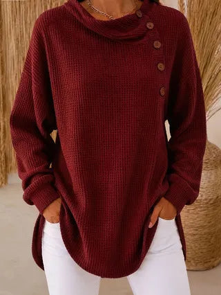 Stylish Asymmetrical Button Waffle Knit Tunic With Side Slit