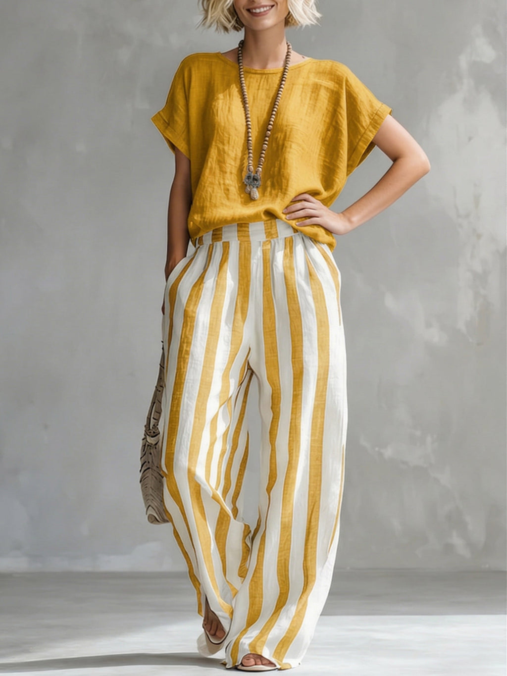 Linen Cotton Two Piece Set | Women's Striped Casual Outfit