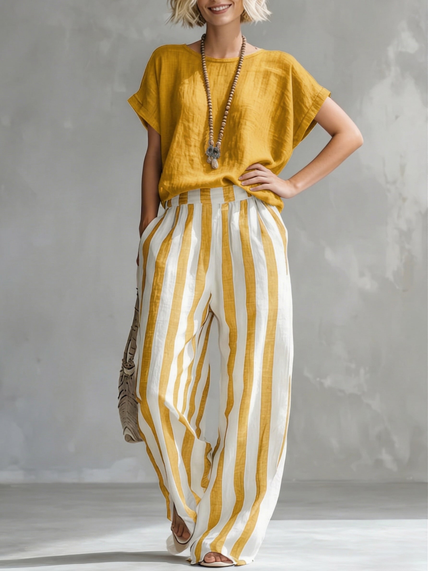Linen Cotton Two Piece Set | Women's Striped Casual Outfit