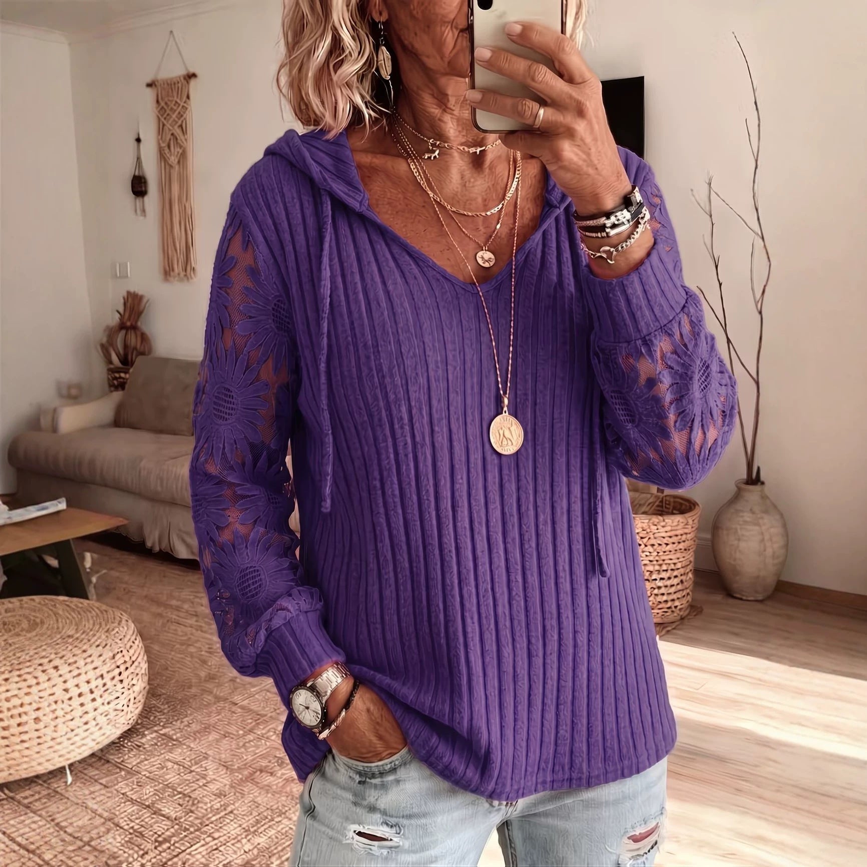 Ladies Drawstring Hoodie V‑Neck Lace Floral Long Sleeve Ribbed Knit Casual Pullover Top