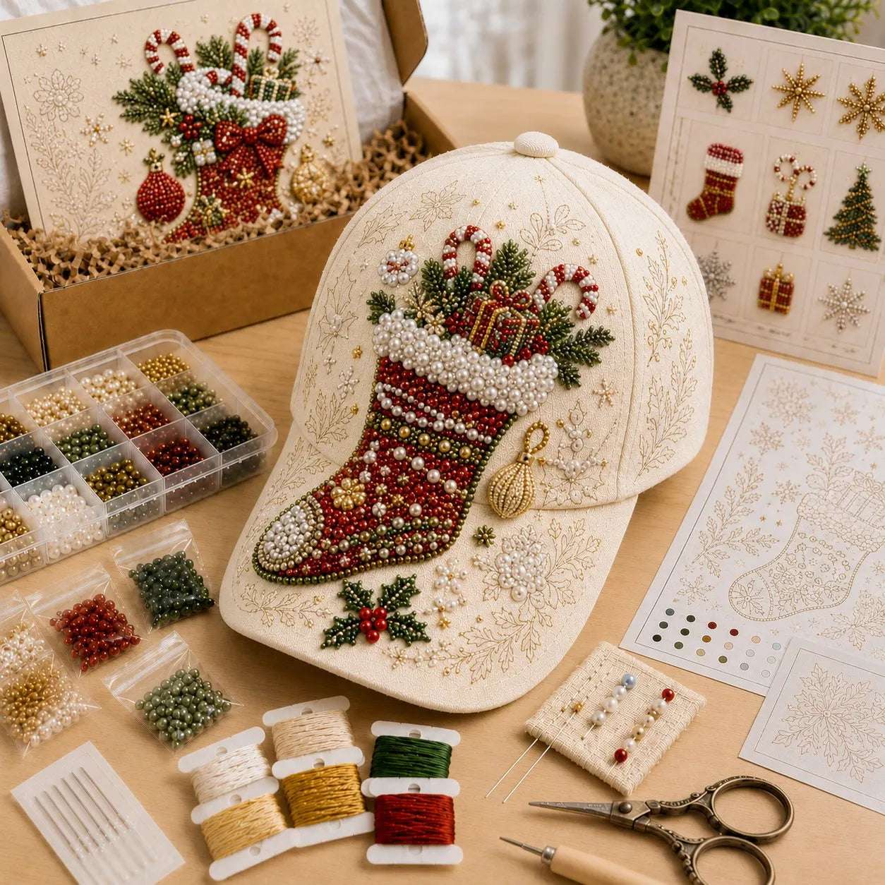 🔥HOT SALE🔥🎄🧢 Premium Christmas Beaded Hat DIY Kit | Luxury Flocked Canvas with Scratch-Resistant Non-Fading Pearl Beads DIY Handmade Holiday Cap Decor 🎅🪡✨