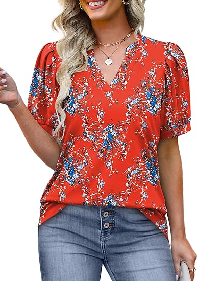 Limited time sale Women's V Neck Floral Print Vintage Shirt Fashion T-Shirt