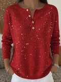 Women's Shiny Henley Neck Solid Color Sweater Top