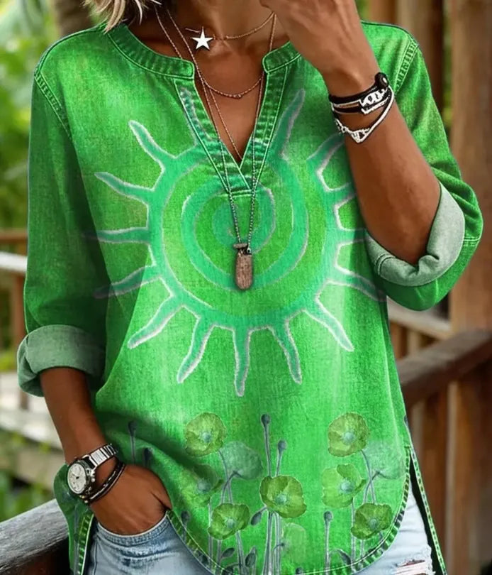 Bohemian Graphic Print Women Tunic Top Notch Collar Half Placket 3/4 Sleeve Pocket Casual Daily Blouse