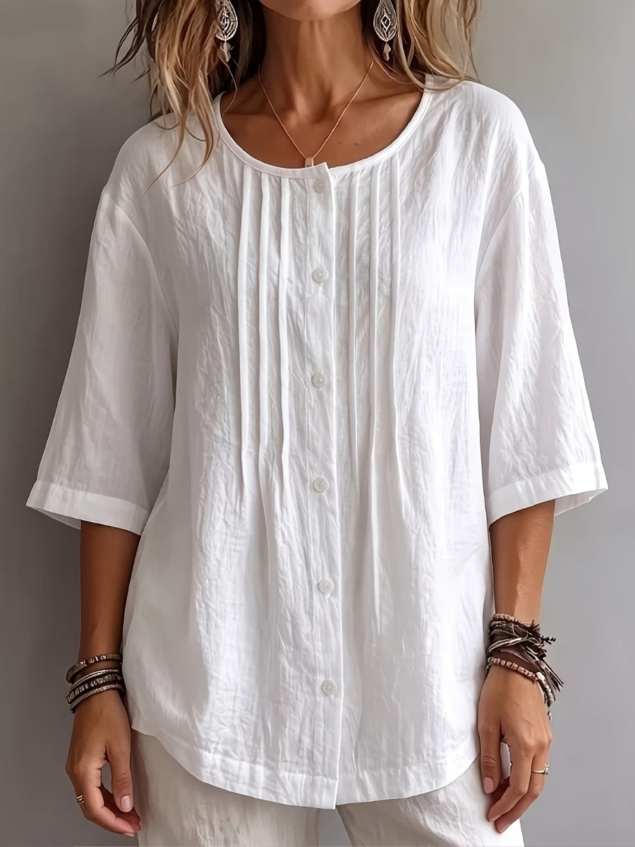 New Arrivals 🔥 Women's Round-Neck Pleated Shirt with 3/4 Sleeves