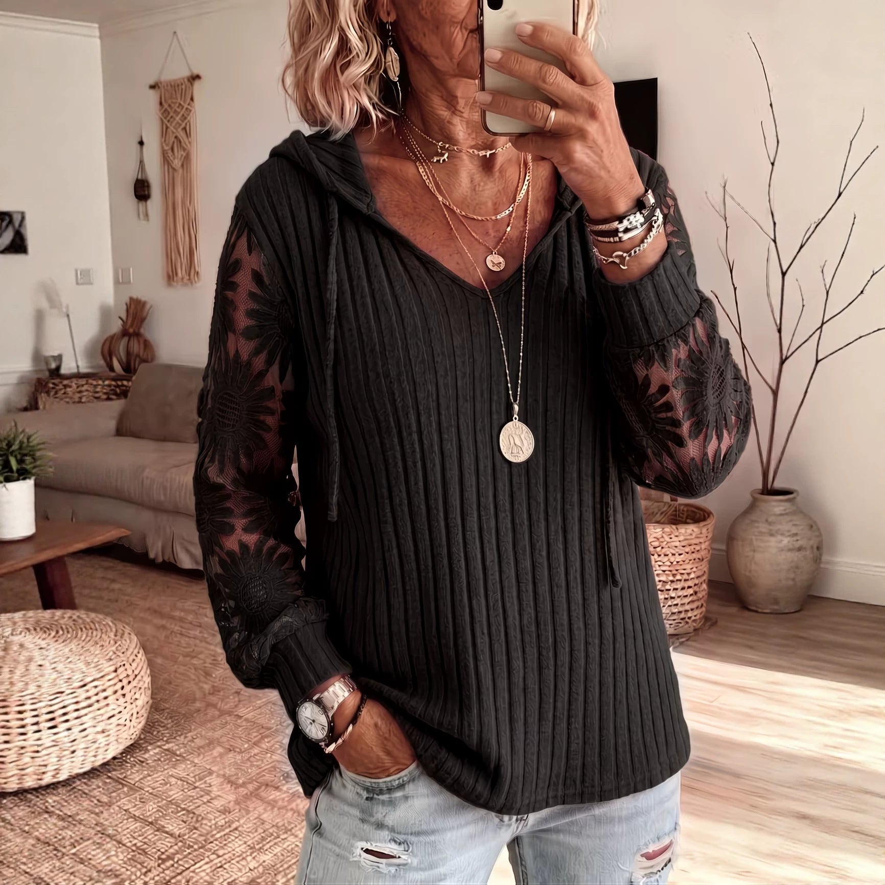 Ladies Drawstring Hoodie V‑Neck Lace Floral Long Sleeve Ribbed Knit Casual Pullover Top