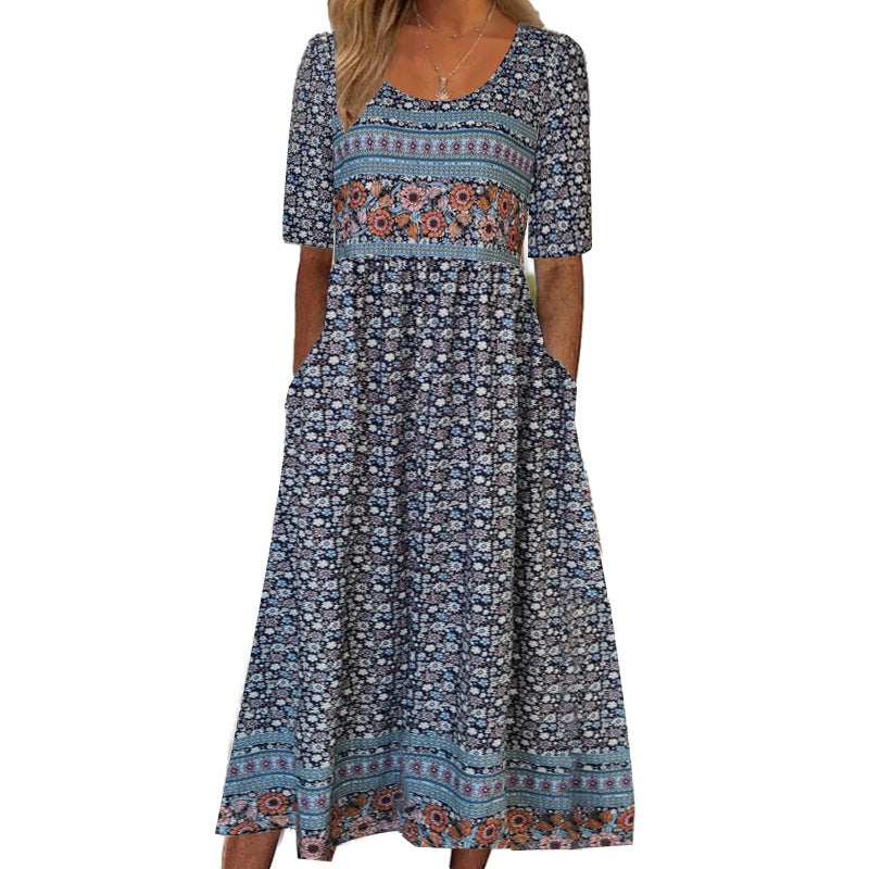 Women's round neck short sleeve bohemian print dress
