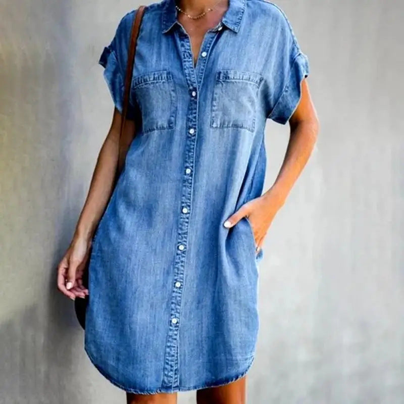 Collared short-sleeved slim-fit denim dress