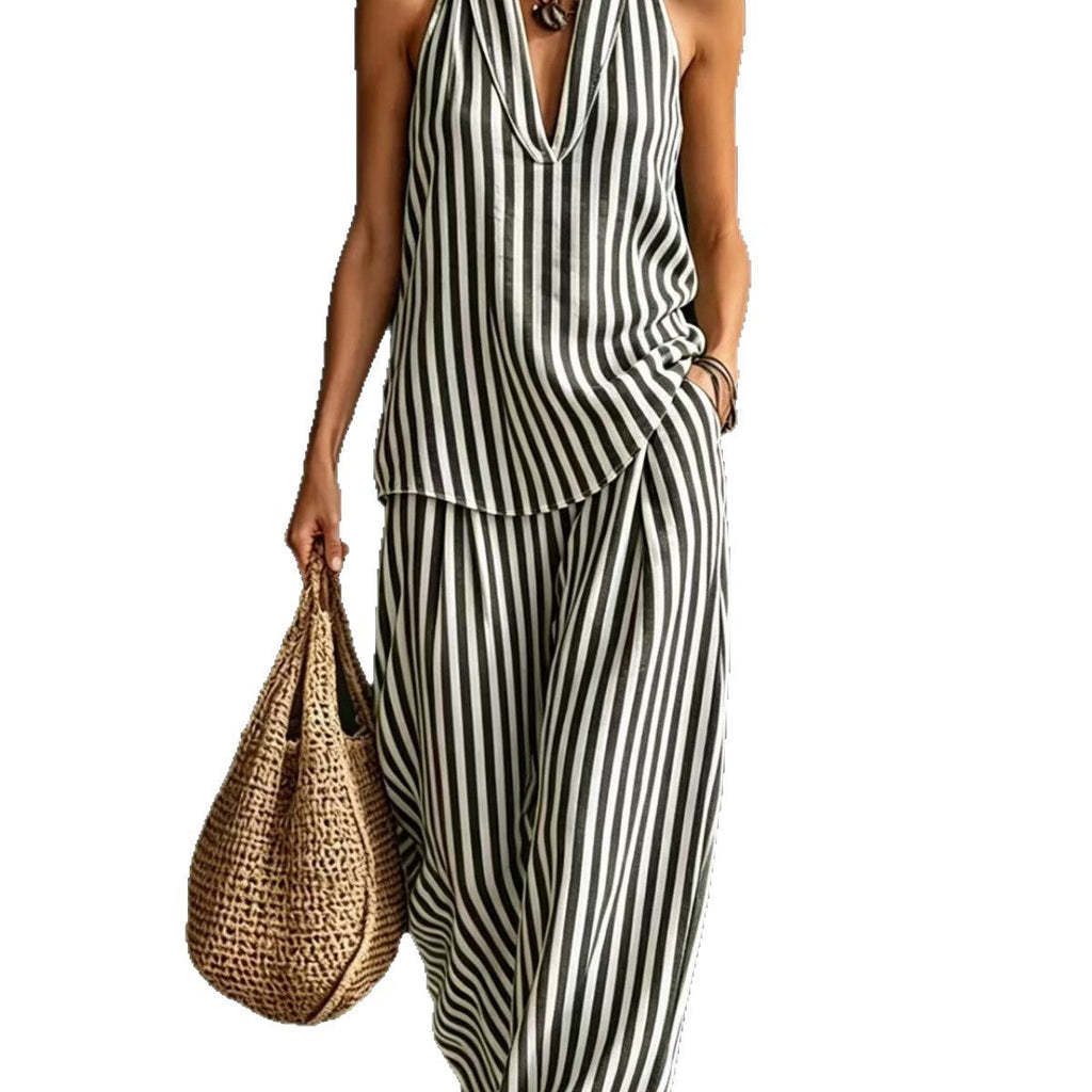 Relaxed Fit Vertical Stripe Two Piece Outfit, Ladies Backless Halter Top & High Waist Wide Leg Trousers Set