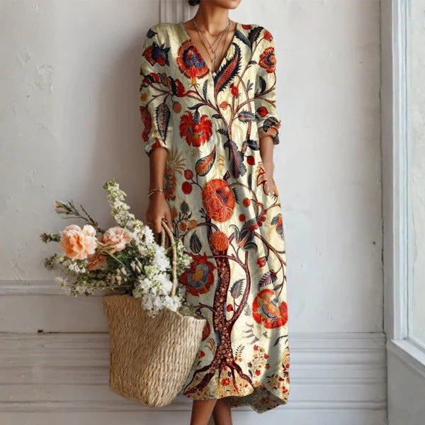 Women's Boho Floral Print Linen Maxi Dress