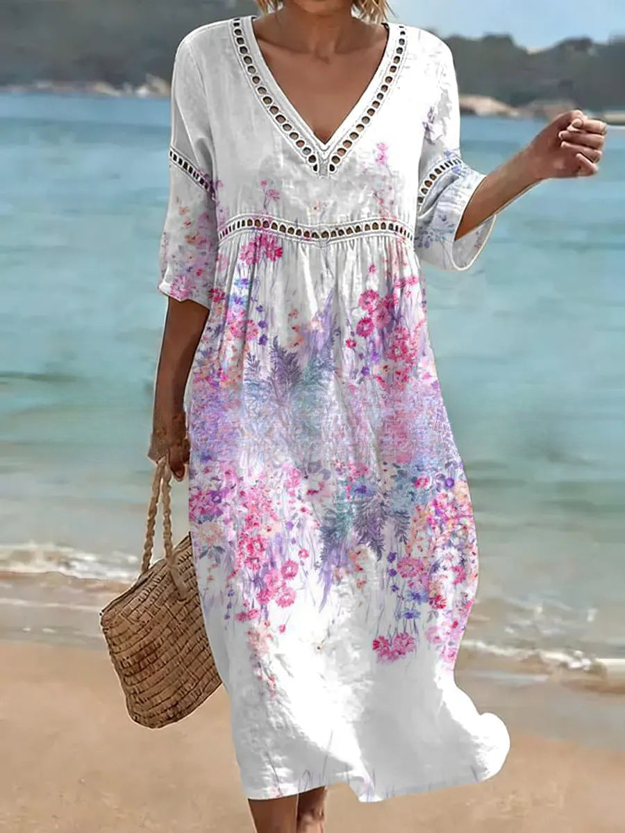 Women's V-Neck Floral & Print Midi Dress