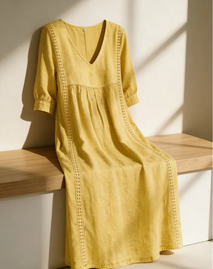 Women's Casual Loose-fitting Patchwork Lace Trim Linen And Cotton Dress