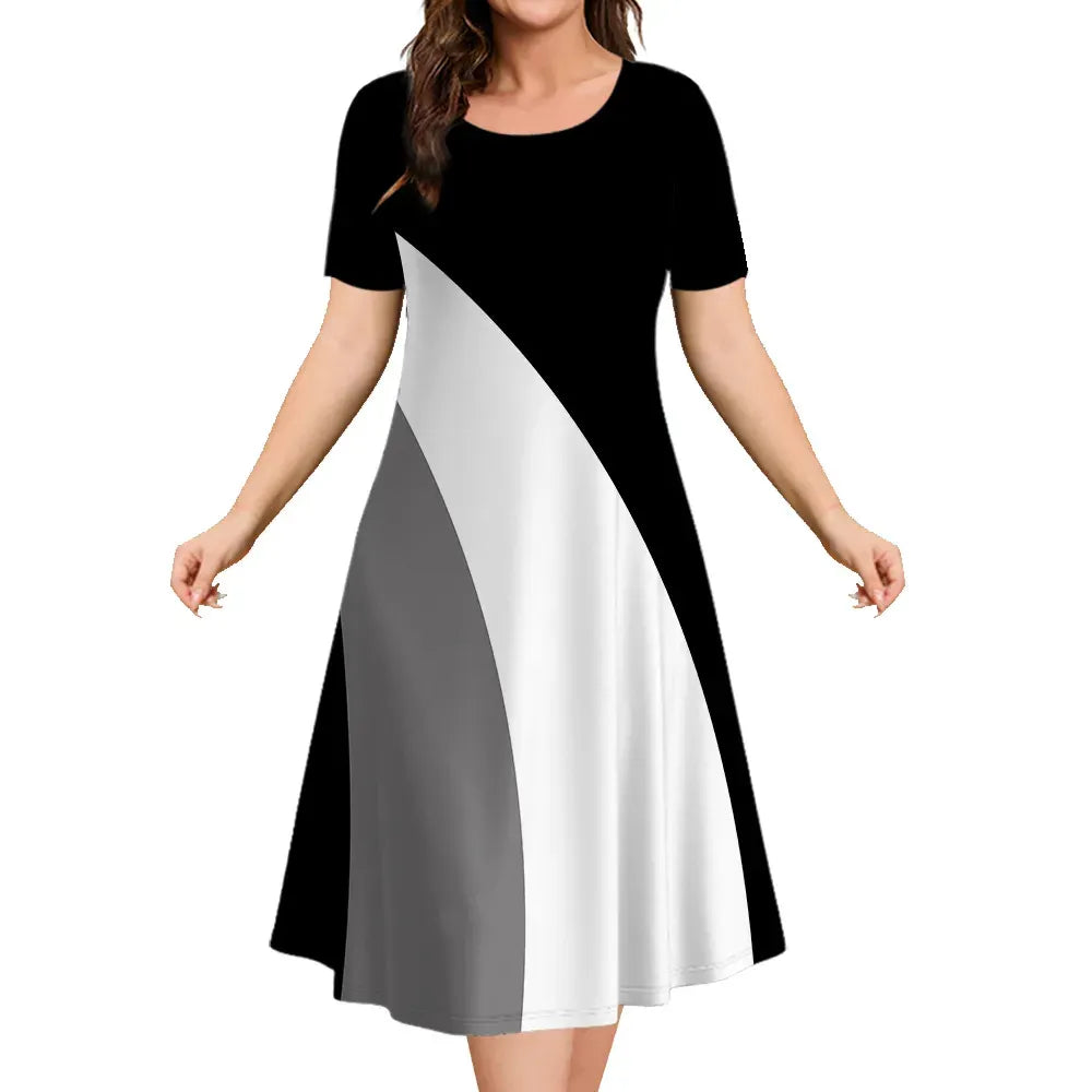 Women Geometric Color Block Short Sleeve Midi Dress