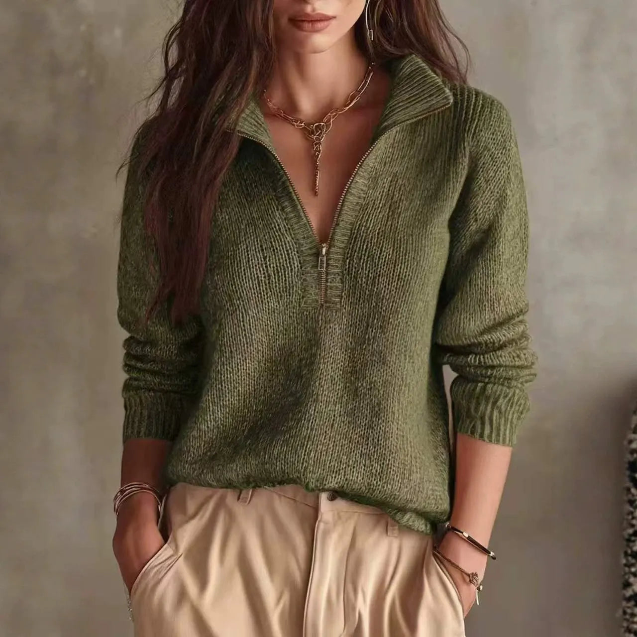Relaxed Fit Half Zip Collar Knit Top Solid Long Sleeve Sweater
