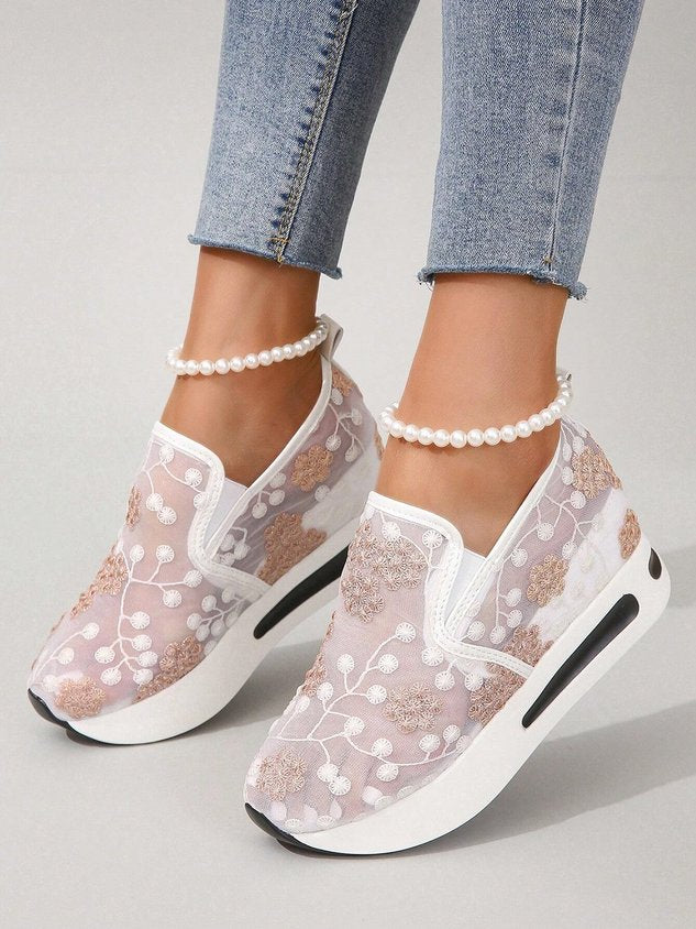 Floral Embroidery Breathable Sheer Mesh Sneakers
