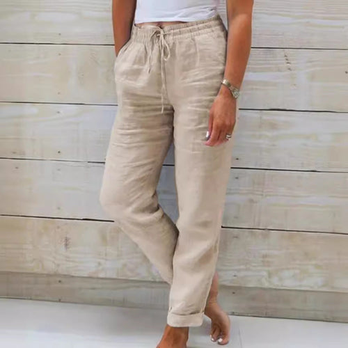 Elastic high-waisted solid color cotton and linen casual pants