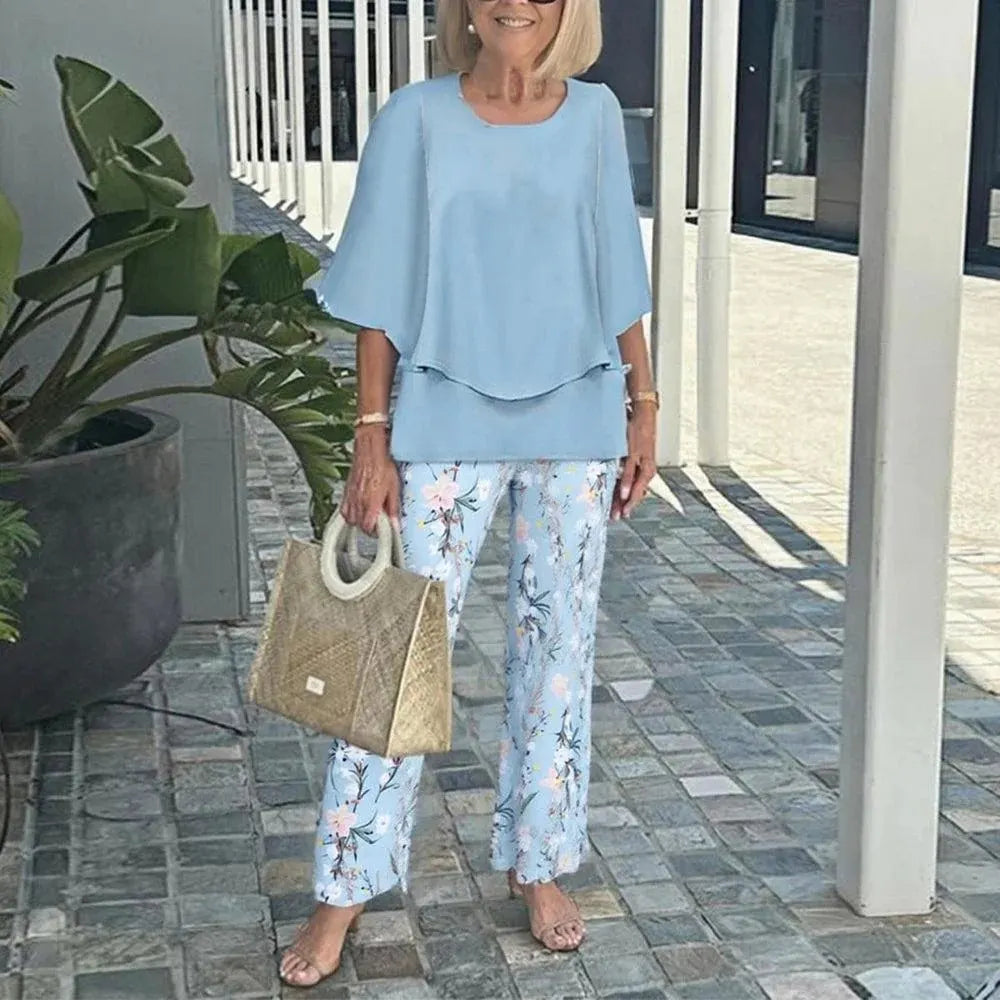 Women Round Neck Mid Sleeve Loose Top & Printed Straight Pants 2 Piece Co Ord Set