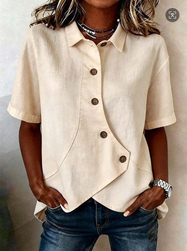 Cotton And Linen Shawl Collar Short Sleeve Asymmetry Placket Design Button Summer Going Out Casual Shirt