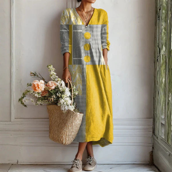 Women's Boho Floral Print Linen Maxi Dress