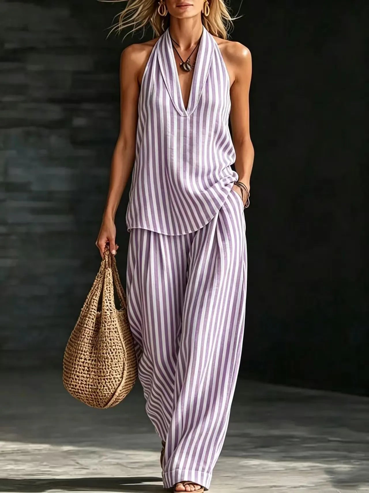 Relaxed Fit Vertical Stripe Two Piece Outfit, Ladies Backless Halter Top & High Waist Wide Leg Trousers Set