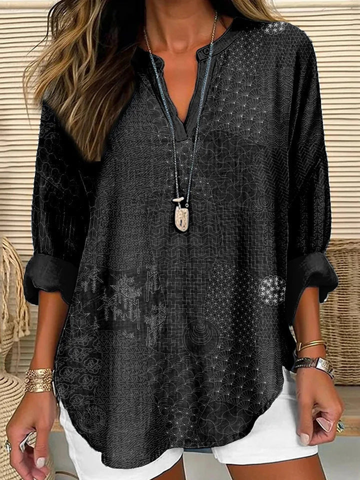 Split V-Neck 3/4 Sleeve Loose Fit Casual Top