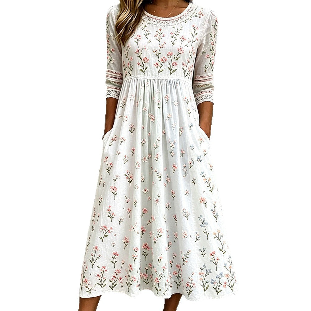 Loose-Fit Round-Neck Dress with Mid-Length Sleeves and Side Pockets