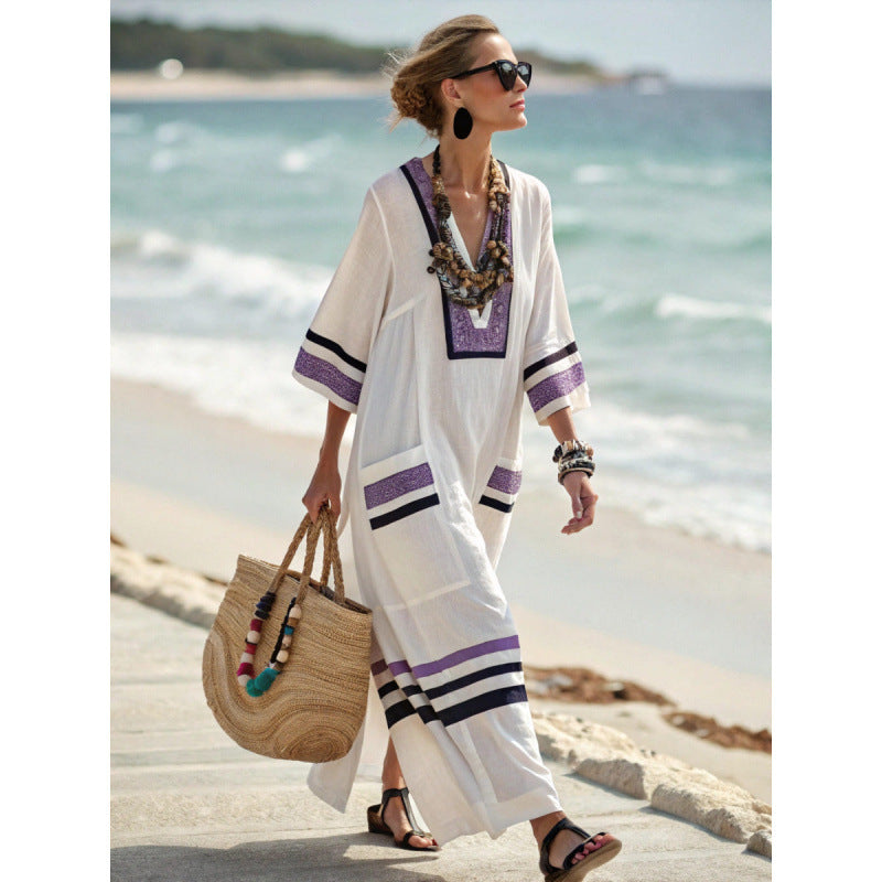 Women's V-Neck Linen-Blend Kaftan Dress