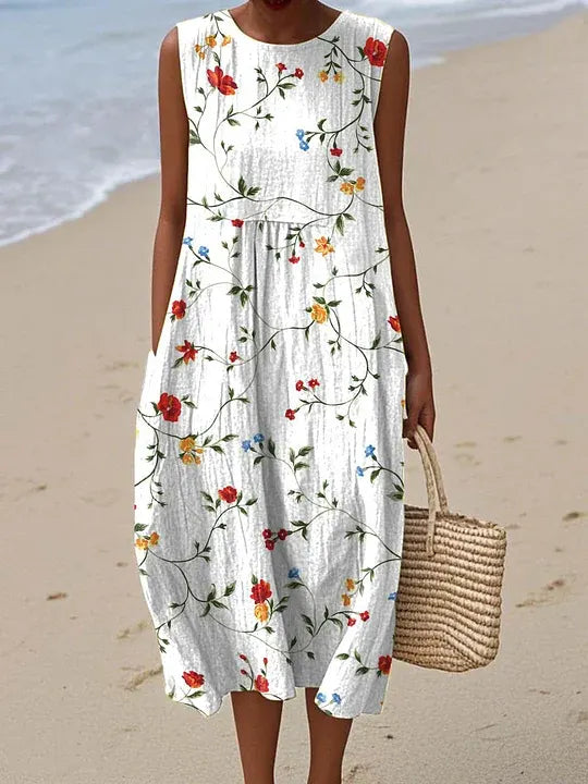 Cotton Linen Printed Midi Dress | Women's Sleeveless Beach Vacation Dress