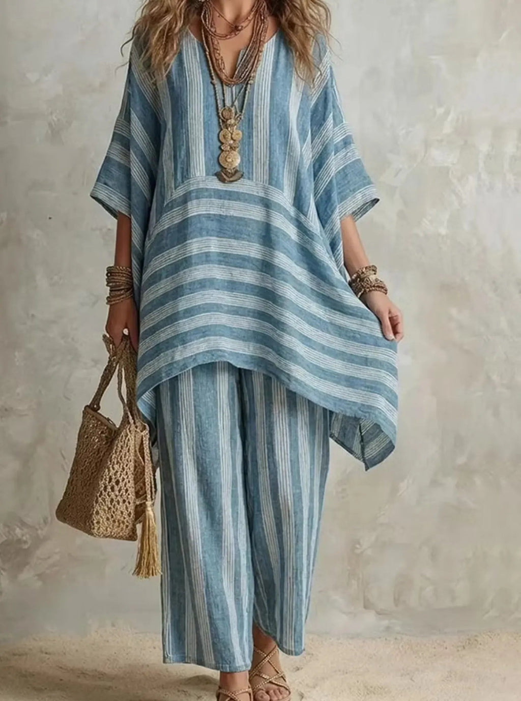 Women Striped V-Neck Batwing Sleeve Top & Wide Leg Pants 2 Piece Resort Loungewear Set