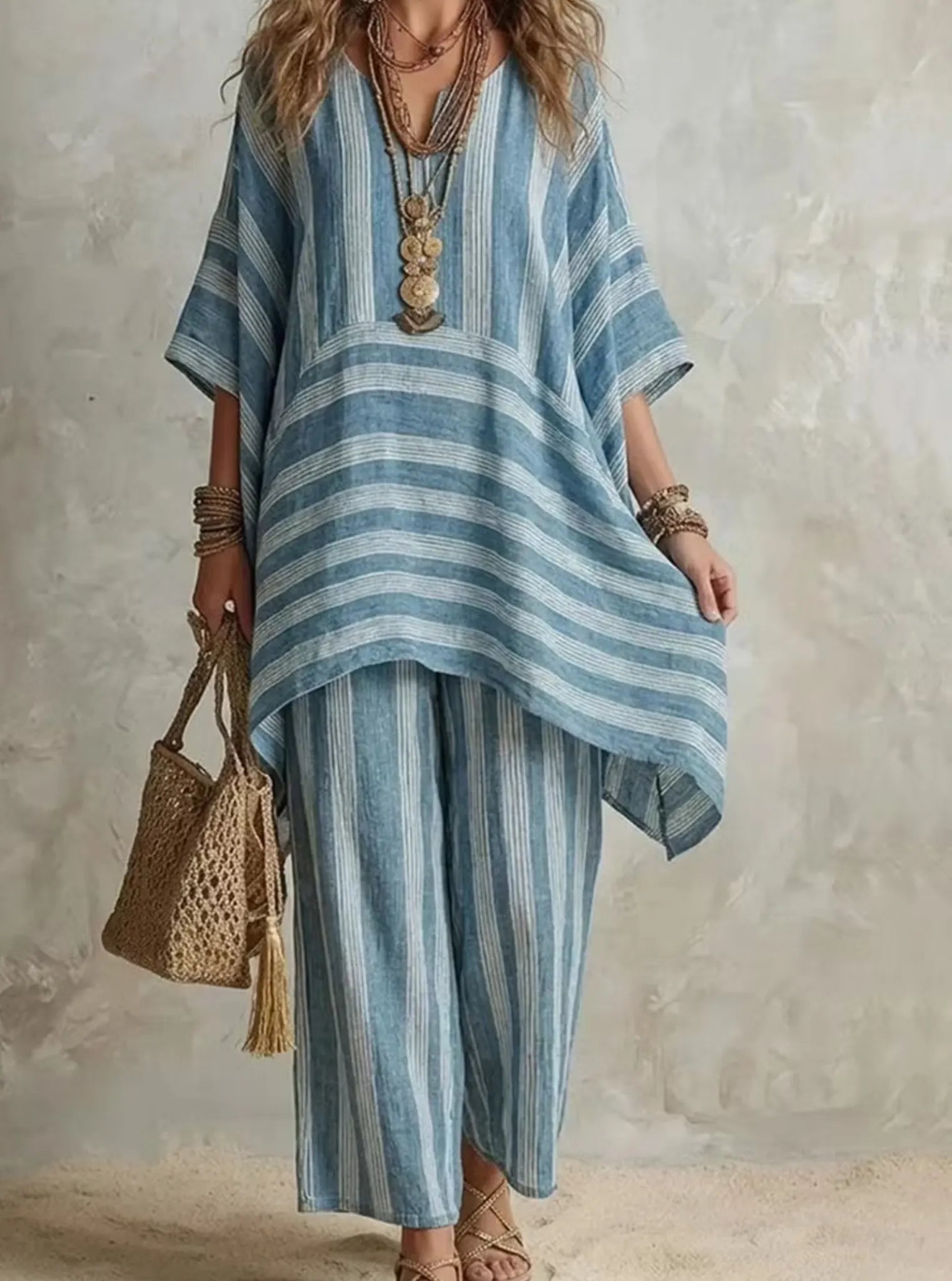 Women Striped V-Neck Batwing Sleeve Top & Wide Leg Pants 2 Piece Resort Loungewear Set