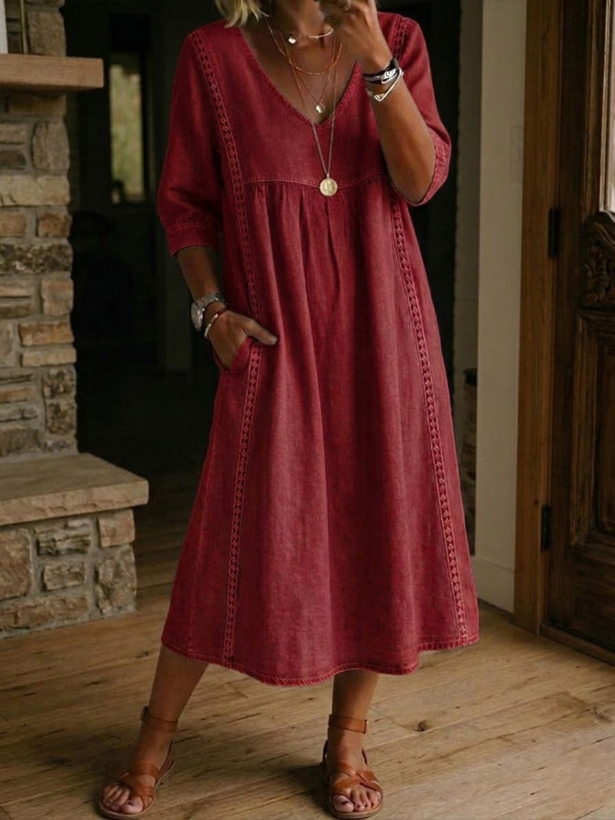Women's Casual Loose-fitting Patchwork Lace Trim Linen And Cotton Dress