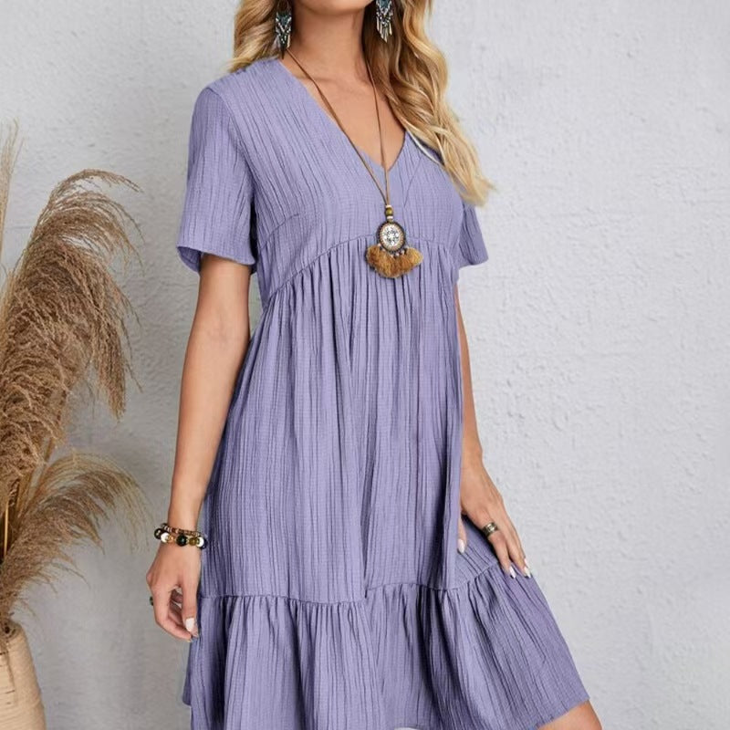 Loose-fitting casual short-sleeved fitted waist dress