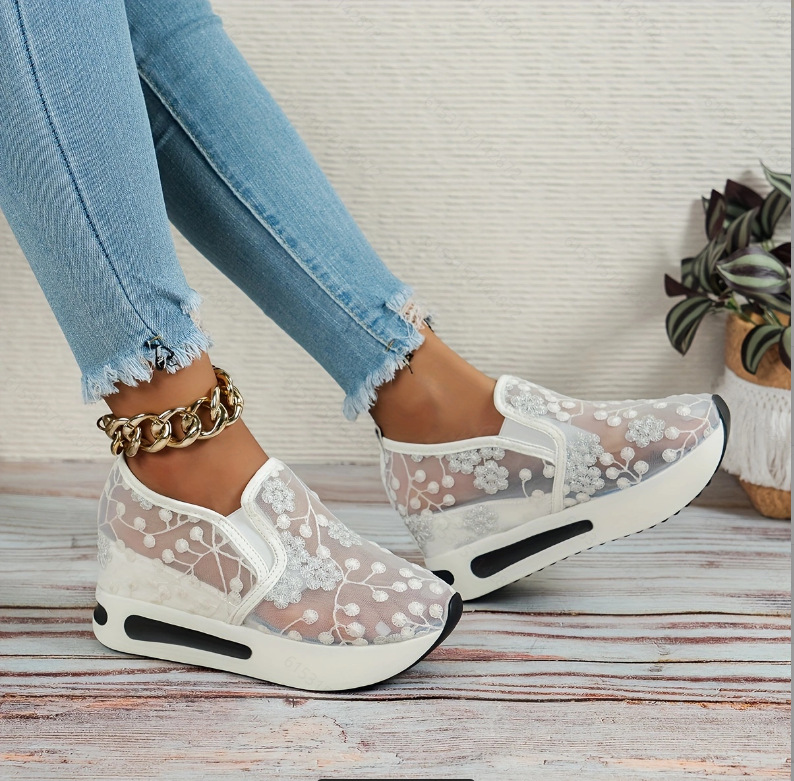 Floral Embroidery Breathable Sheer Mesh Sneakers